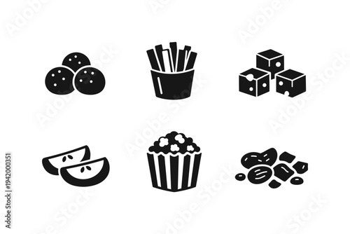Collection of six black and white icons representing different snack foods and fruits