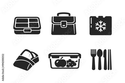 Collection of food storage and transport icons including lunchboxes, cooler, and cutlery