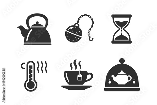 Collection of six simple black icons related to tea preparation and serving