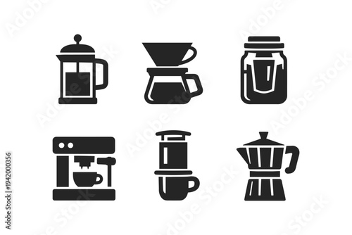 Collection of modern coffee brewing equipment icons on a white background