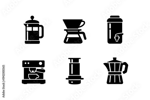 Collection of black icons representing various coffee brewing methods and machines