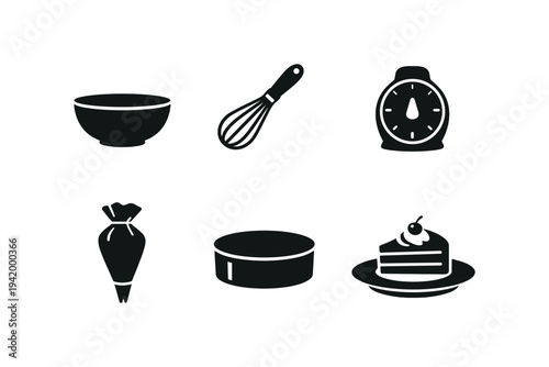 Collection of baking icons including a bowl, whisk, timer, piping bag, cake tin, and slice of cake