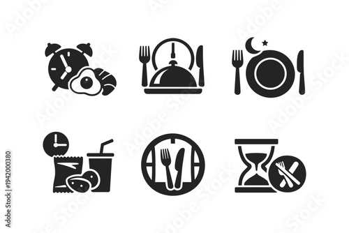 Collection of icons representing meal times, fasting, and dining schedules