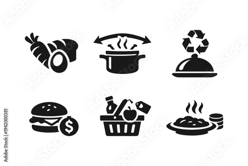 Collection of food and grocery icons representing cooking, shopping, and healthy eating