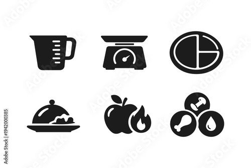 Collection of food and cooking icons representing measurement, nutrition, and preparation