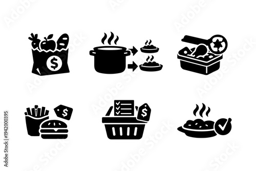 Food shopping and meal preparation icons with price tags and shopping cart