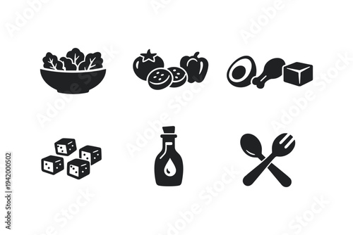 Collection of simple food icons representing ingredients and meal preparation elements