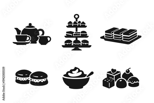 Collection of sweet treats and tea set icons, perfect for bakery or cafe branding