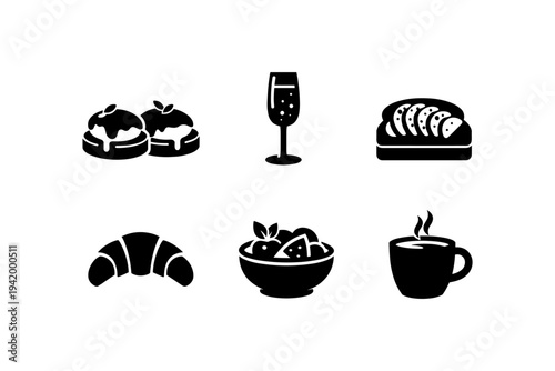 Collection of breakfast and brunch icons including pastries, fruit, and coffee