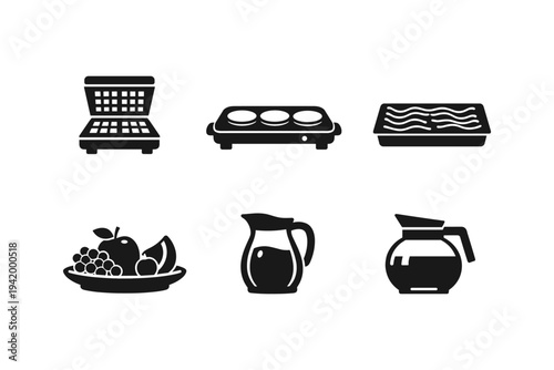 Collection of kitchen appliance and food icons for breakfast and cooking