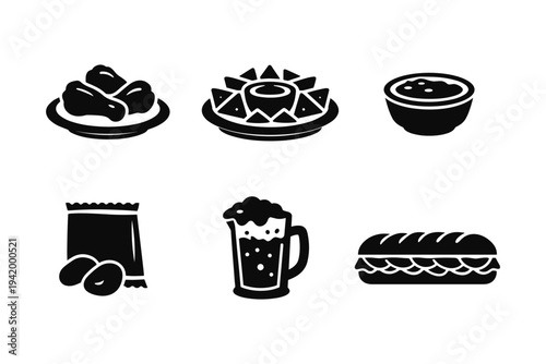 Collection of popular snack icons including chicken wings, nachos, beer, and sandwich