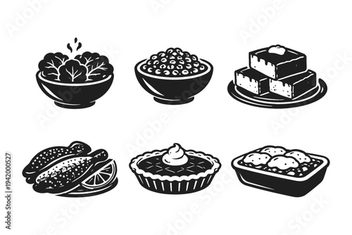 Collection of six diverse food illustrations including salad, beans, brownies, corn, pie, and casserole