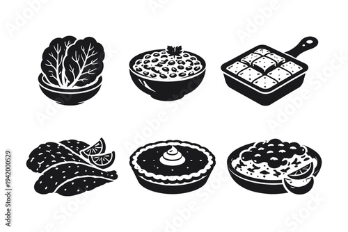 Collection of six stylized food icons including salad, beans, casserole, chicken, pie, and stew