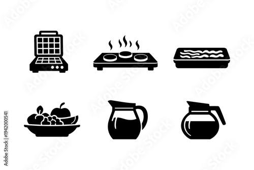 Collection of kitchen appliance and food icons for breakfast and cooking