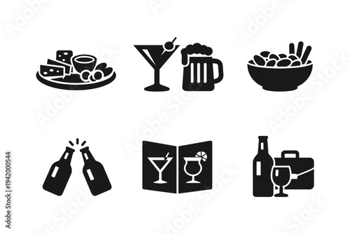 Collection of bar and restaurant icons representing food, drinks, and service