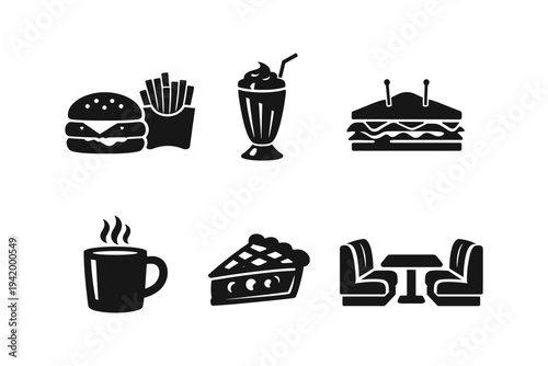 Collection of classic diner food and seating icons in black and white