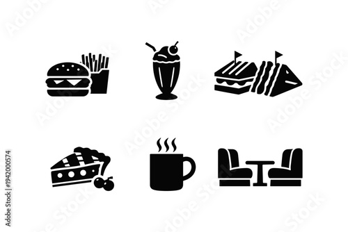 Collection of classic American diner food and seating icons in black and white