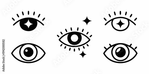Stylized collection of black and white mystical eyes with radiating lines