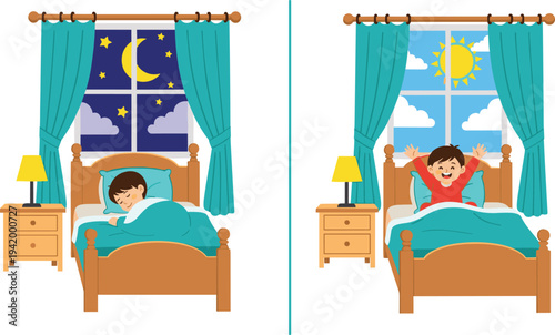 Cartoon boy sleeping at night and waking up in morning in bedroom, daily routine sleep cycle vector illustration.
