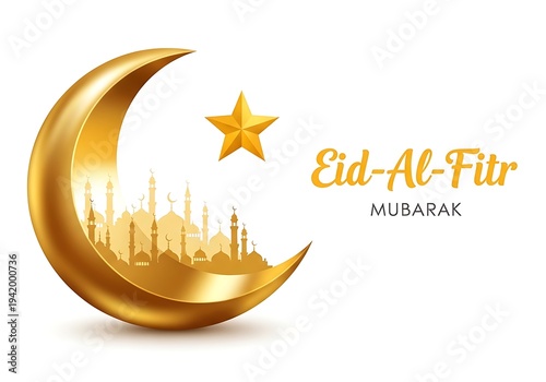 Wallpaper Mural Golden crescent moon with star and mosque skyline Eid Al Fitr Mubarak greeting Torontodigital.ca