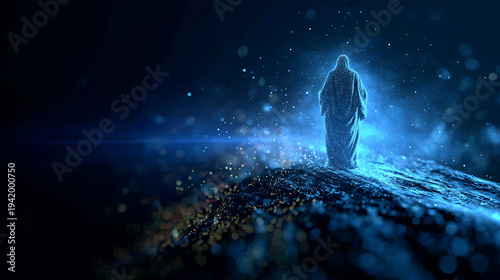 A solitary figure enveloped in a glowing aura walks along a ridge under a night sky, embodying a sense of mystery
