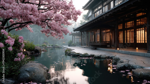 Traditional Japanese garden temple building with a reflecting pond and vibrant sakura cherry blossoms in full bloom during a serene Showa Day in Japan