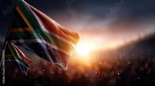 South African flag waving proudly with vibrancy against an epic sunset, representing national pride, hope, freedom, and the diverse heritage of Africa