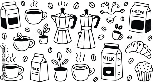 A comprehensive ensemble of delightful coffee and breakfast illustrations presented in a charming doodle style