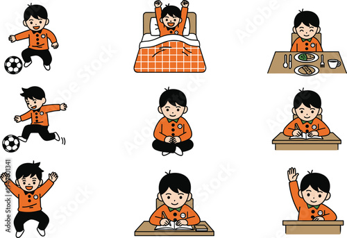 Cute boy character daily routine activities set including waking up eating breakfast studying and playing soccer vector illustration isolated.