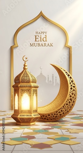 Wallpaper Mural Golden Islamic lantern and crescent moon with mosque silhouette mubarak muslim celebration Torontodigital.ca