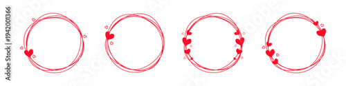 Set of 4 red hand-drawn circle frames with hearts isolated on white background