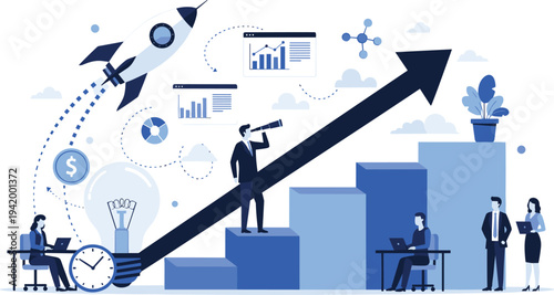 Business growth strategy concept illustration, startup success with rocket launch, data analytics planning, corporate teamwork, innovation progress chart