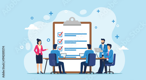 Business checklist meeting concept illustration, corporate team reviewing tasks, project management planning, teamwork collaboration, office strategy discussion