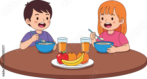 Cute boy and girl children eating healthy breakfast with cereal orange juice and fresh fruit vector illustration isolated on white.
