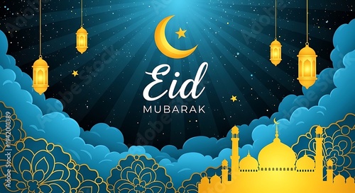 Wallpaper Mural Golden mosque and lanterns under starry night sky with Eid Mubarak text islamic celebration Torontodigital.ca