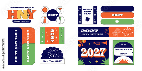 Happy New Year 2027 – Colorful Celebration Graphic Set with Festive Icons, Fireworks, Champagne, and Modern New Year Labels