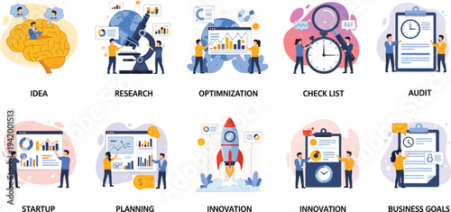 Business strategy process illustration set, idea research optimization checklist audit, startup planning innovation launch, corporate workflow management, business goals
