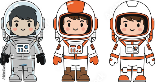 Cute chibi astronaut character set in different spacesuits, little boy cosmonaut wearing helmets for space exploration missions, isolated vector.