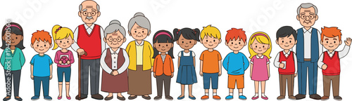 Diverse multgenerational group of people characters including children adults and seniors standing together, large family community vector illustration isolated.