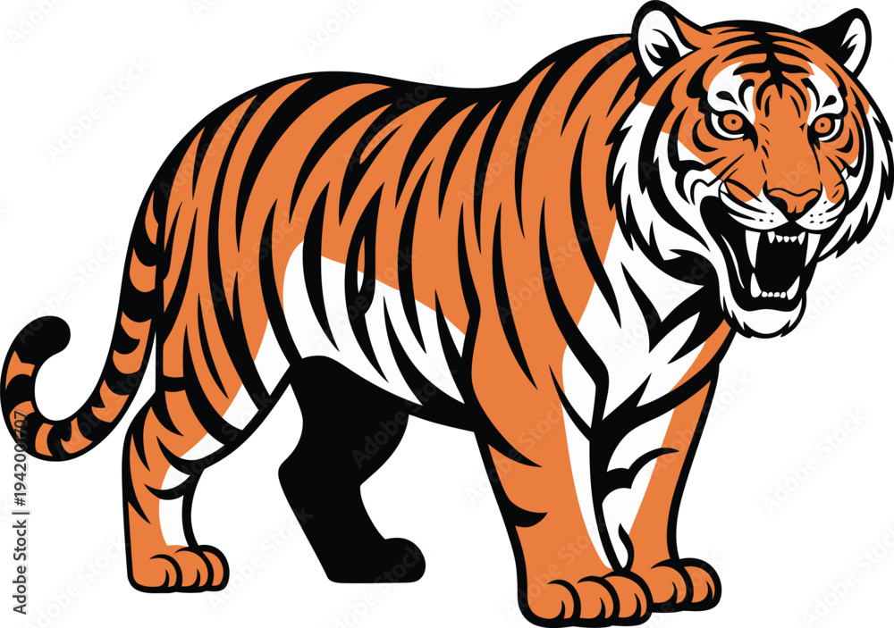 Obraz premium Tiger cartoon vector illustration on white background with stripes and wildlife elements