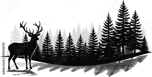 Deer forest silhouette illustration, wildlife nature artwork, antler animal vector drawing, coniferous tree shadow design concept