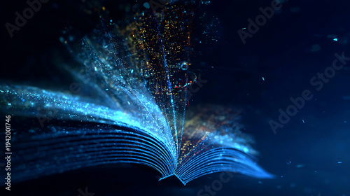 An abstract rendering of an open book with glowing, energetic particles emanating from its pages
