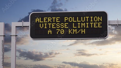 panneau d'autoroute avec le message ALERTE POLLUTION - rendu 3D