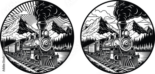 Steam locomotive mountain landscape illustration set, vintage railway wilderness artwork, pine forest snowy peaks vector drawing, scenic train design concept