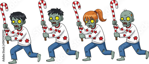 Funny cartoon zombie characters set wearing star sweaters and holding giant candy canes, walking dead holiday undead vector illustration isolated on white background.