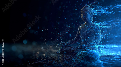 Serene Buddha statue with an ethereal aura of water droplets. The statue sits in a meditative pose.