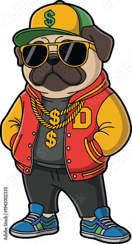 A cool cartoon pug dog wearing a cap, sunglasses, and a gold chain with dollar signs
