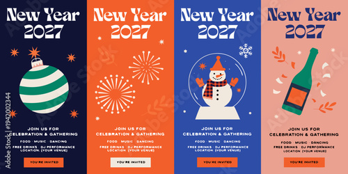 "New Year 2027 Celebration Posters – Festive Event Invitations with Music, Food, Drinks & RSVP Designs for Holiday Gatherings"