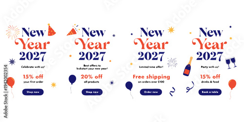 "New Year 2027 Sale Banners – Festive Discounts, Free Shipping, Decoration Deals & Food and Drink Offers for Holiday Shopping"