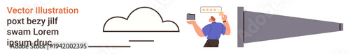 Cloud computing, data sharing, digital communication, online storage, remote access, technology services. A person holding a device with chat bubbles and a cloud icon. Cloud computing and data
